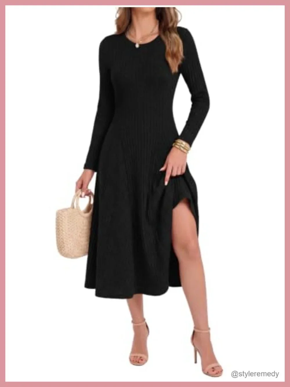 Women's Ribbed Knit Midi Dress Crewneck Long Sleeve A-Line Flared Fall Winter